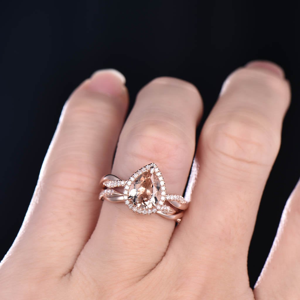 Vintage Morganite Engagement Ring Set Teardrop Morganite Ring Twist Wedding Band Engagement Ring Promise Ring Bridal Set Rose Gold