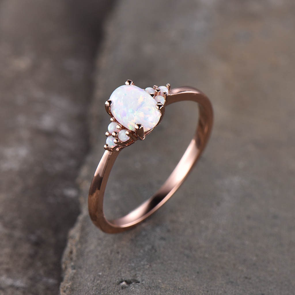 White Fire Opal Ring, Opal Engagement Ring, Dainty Cluster Ring, Rose Gold Opal Ring, Wedding Ring, Promise Ring, October Birthstone