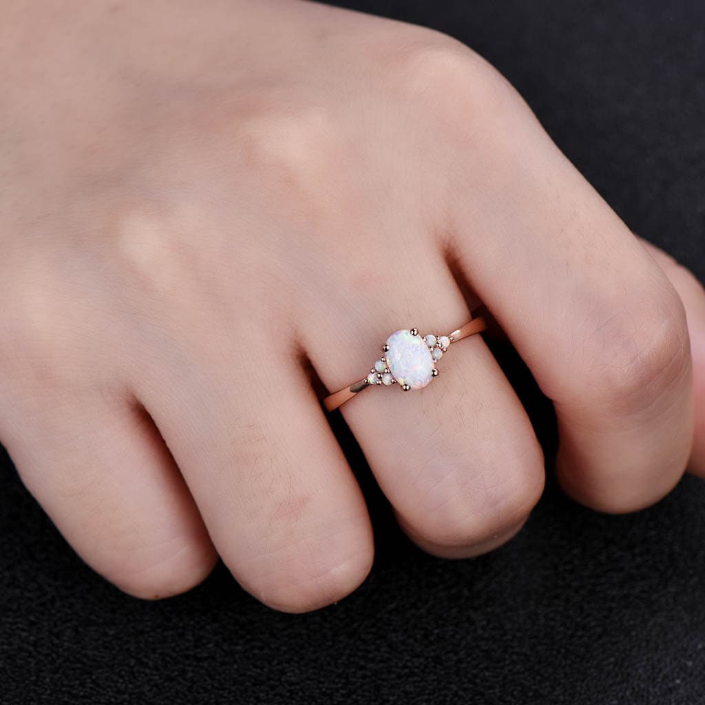 White Fire Opal Ring, Opal Engagement Ring, Dainty Cluster Ring, Rose Gold Opal Ring, Wedding Ring, Promise Ring, October Birthstone