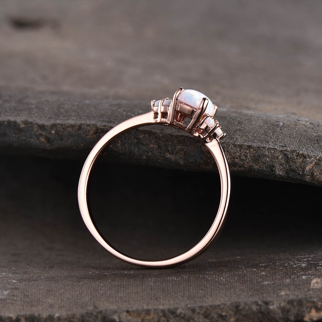 White Fire Opal Ring, Opal Engagement Ring, Dainty Cluster Ring, Rose Gold Opal Ring, Wedding Ring, Promise Ring, October Birthstone