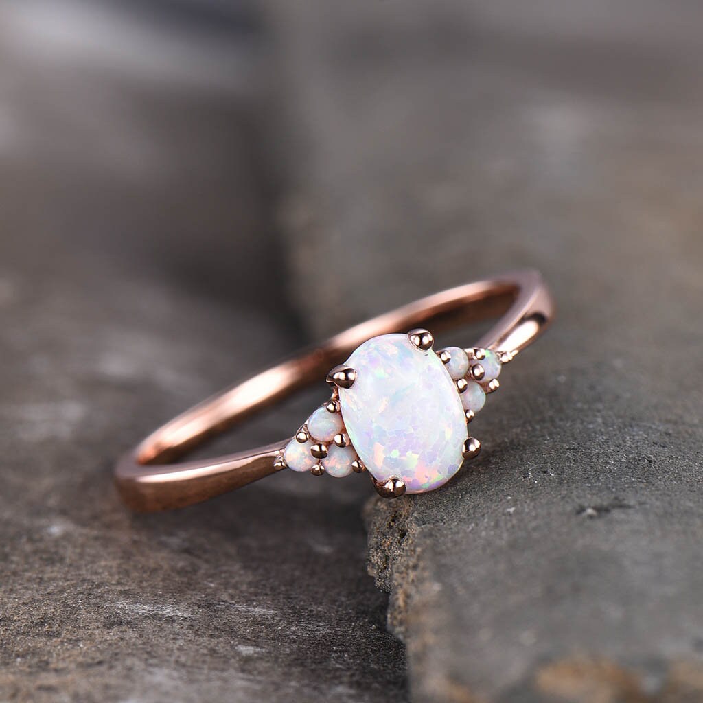 White Fire Opal Ring, Opal Engagement Ring, Dainty Cluster Ring, Rose Gold Opal Ring, Wedding Ring, Promise Ring, October Birthstone