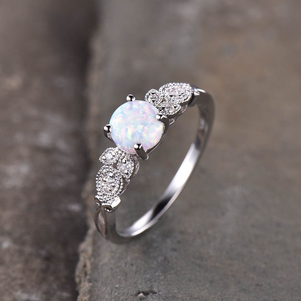Vintage Opal Engagement Ring, White Opal Ring, Silver Ring, Unique Ring, October Birthstone Ring, Promise Ring, Anniversary Ring