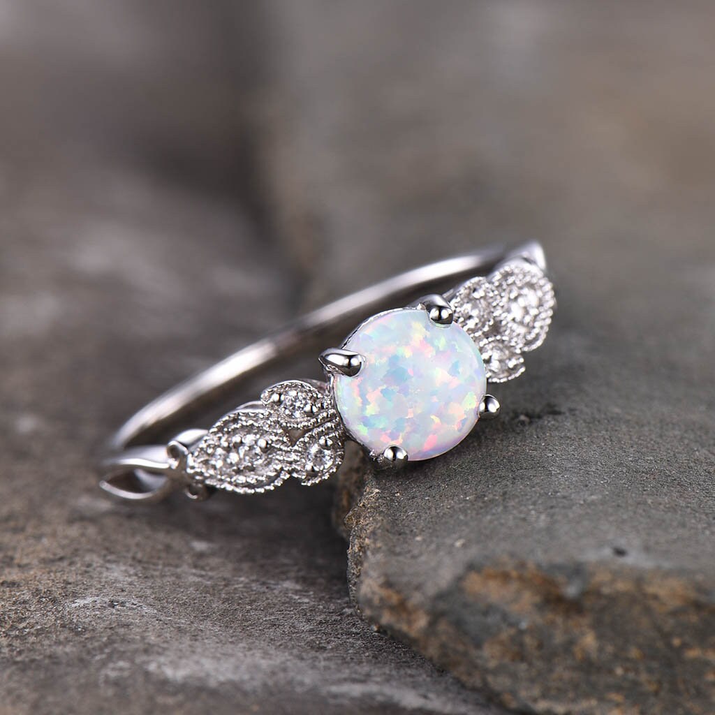 Vintage Opal Engagement Ring, White Opal Ring, Silver Ring, Unique Ring, October Birthstone Ring, Promise Ring, Anniversary Ring