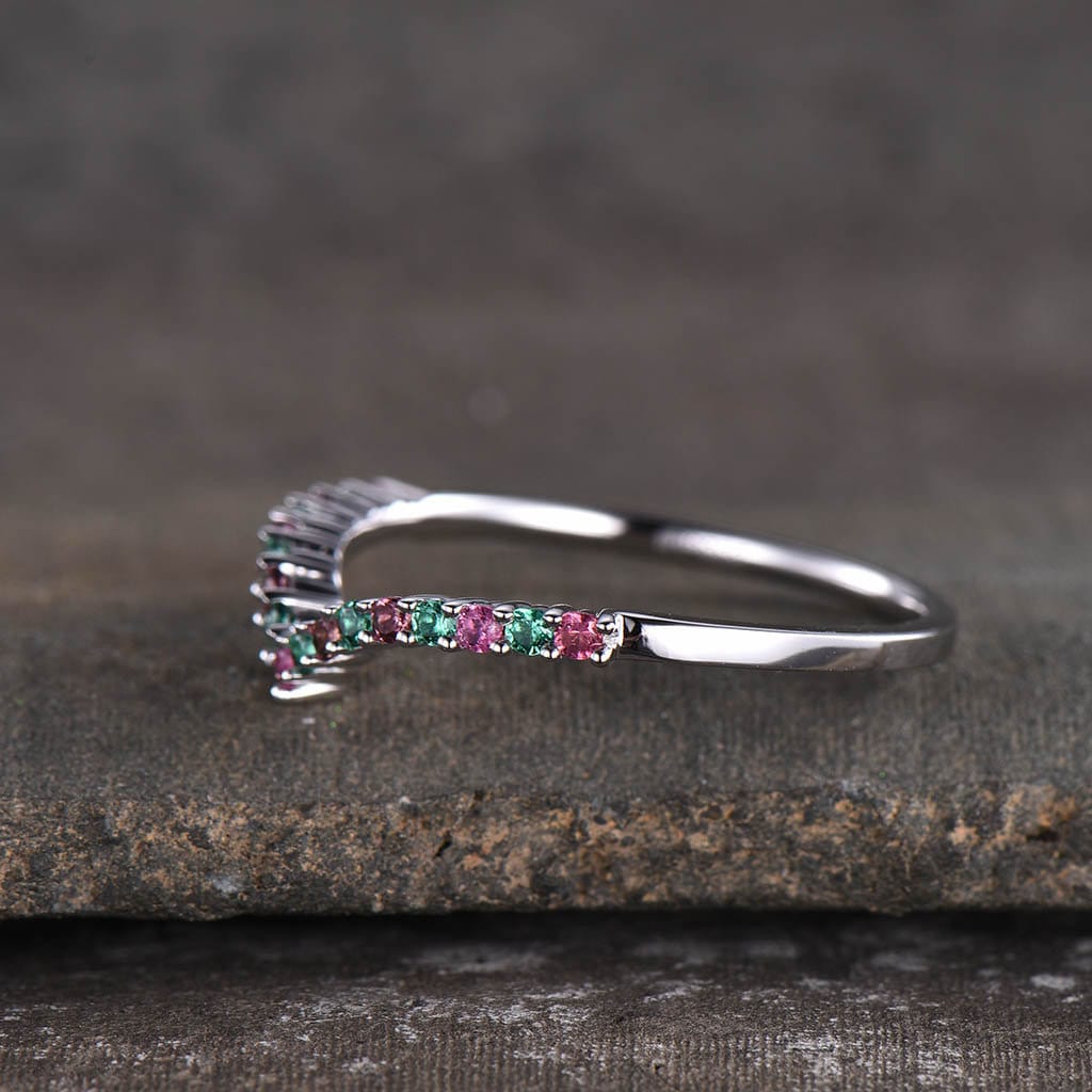 V curve stacking ring, emerald and tourmaline wedding band, dainty wedding ring, emerald wedding band, gemstone band, silver ring