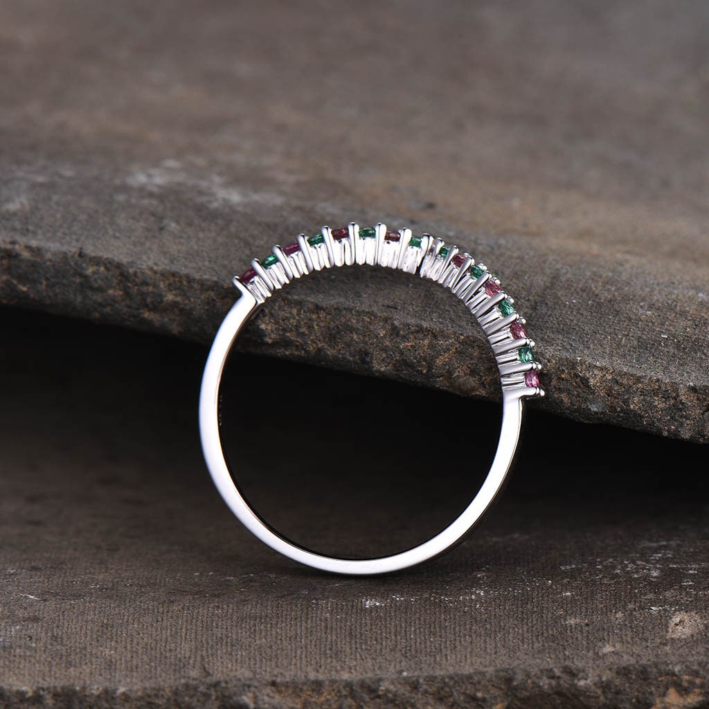 V curve stacking ring, emerald and tourmaline wedding band, dainty wedding ring, emerald wedding band, gemstone band, silver ring