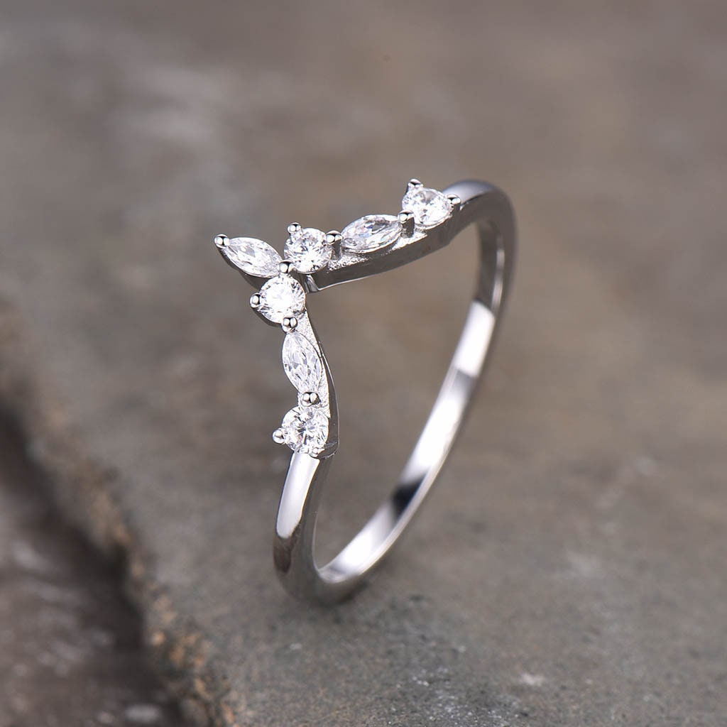 CZ Diamond Curved Wedding Band, Chevron Sterling Silver Ring, V Shape Ring, Stacking Ring, Art deco Wedding ring, Stackable Band