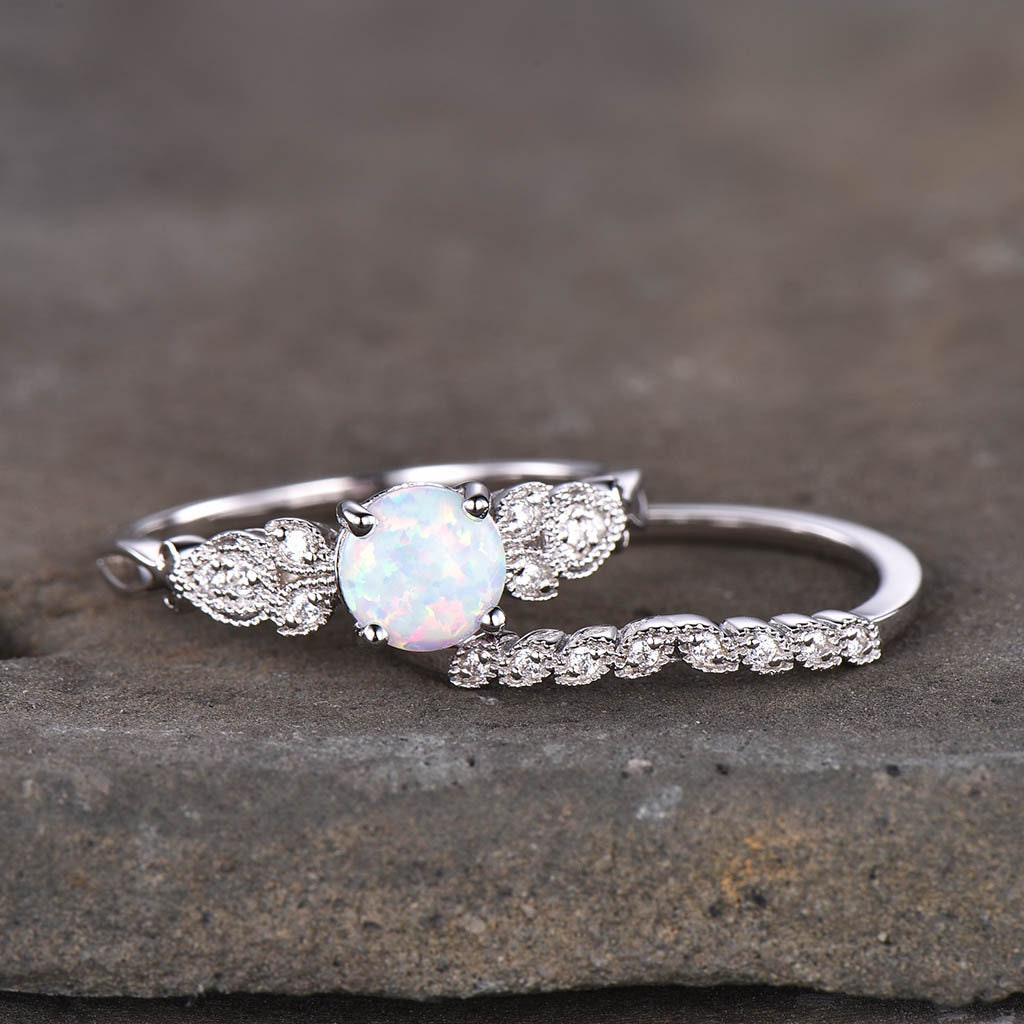 Antique Opal Wedding Ring Set/White Fire Opal Engagement Ring/October Birthstone Ring/Art deco Stacking Band/Wedding Ring/Promise Ring