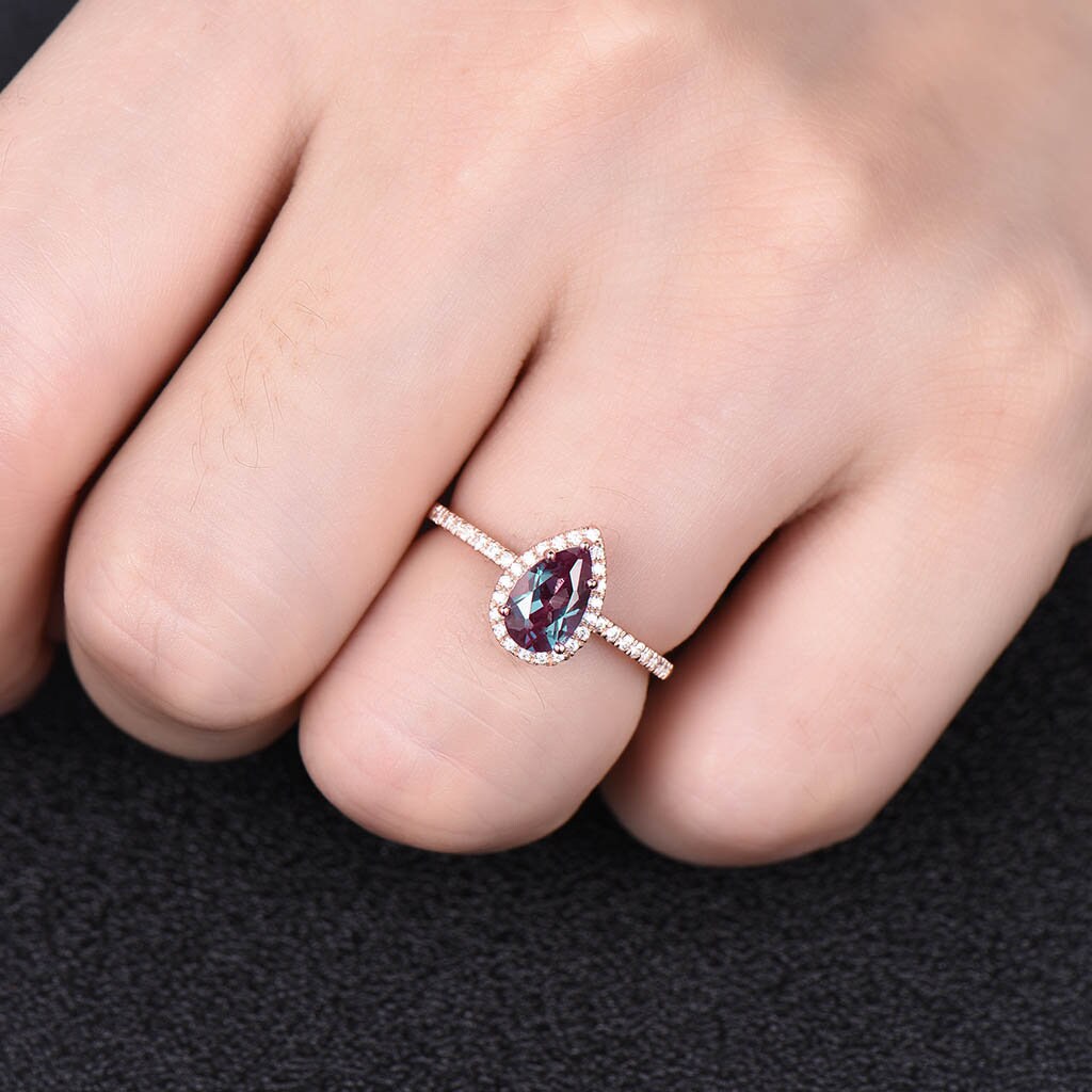 Alexandrite Ring, Dainty Ring, Pear Cut Alexandrite Engagement Ring, Halo Ring, June Birthstone Ring, Promise Ring, Gift For Her