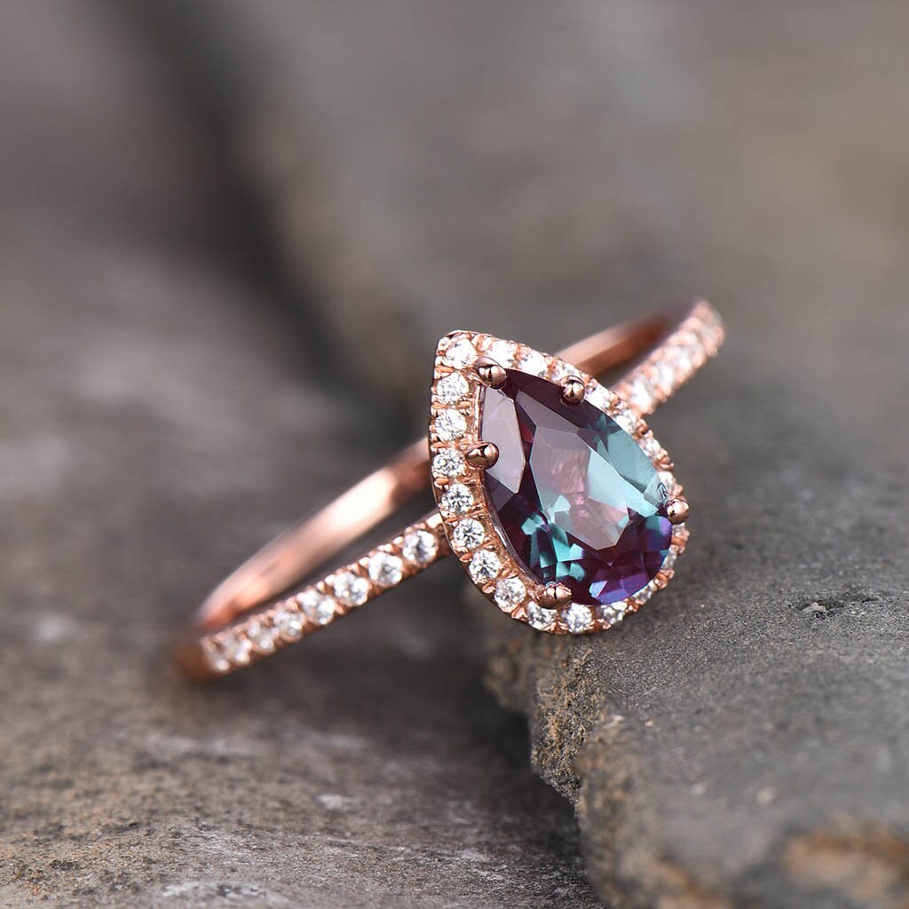 Alexandrite Ring, Dainty Ring, Pear Cut Alexandrite Engagement Ring, Halo Ring, June Birthstone Ring, Promise Ring, Gift For Her