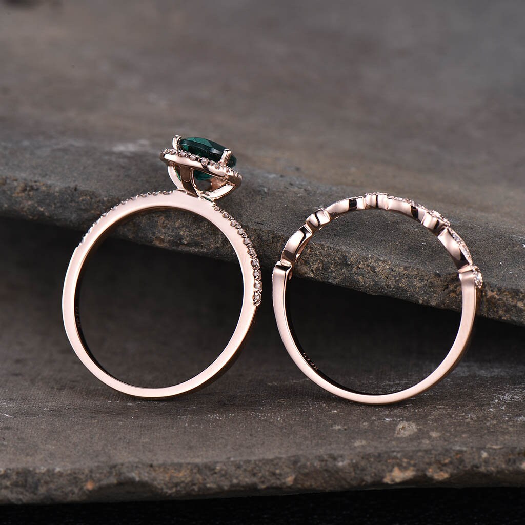Art deco moss agate wedding ring set vintage moss agate engagement ring half eternity stacking matching band rose gold ring promise ring set