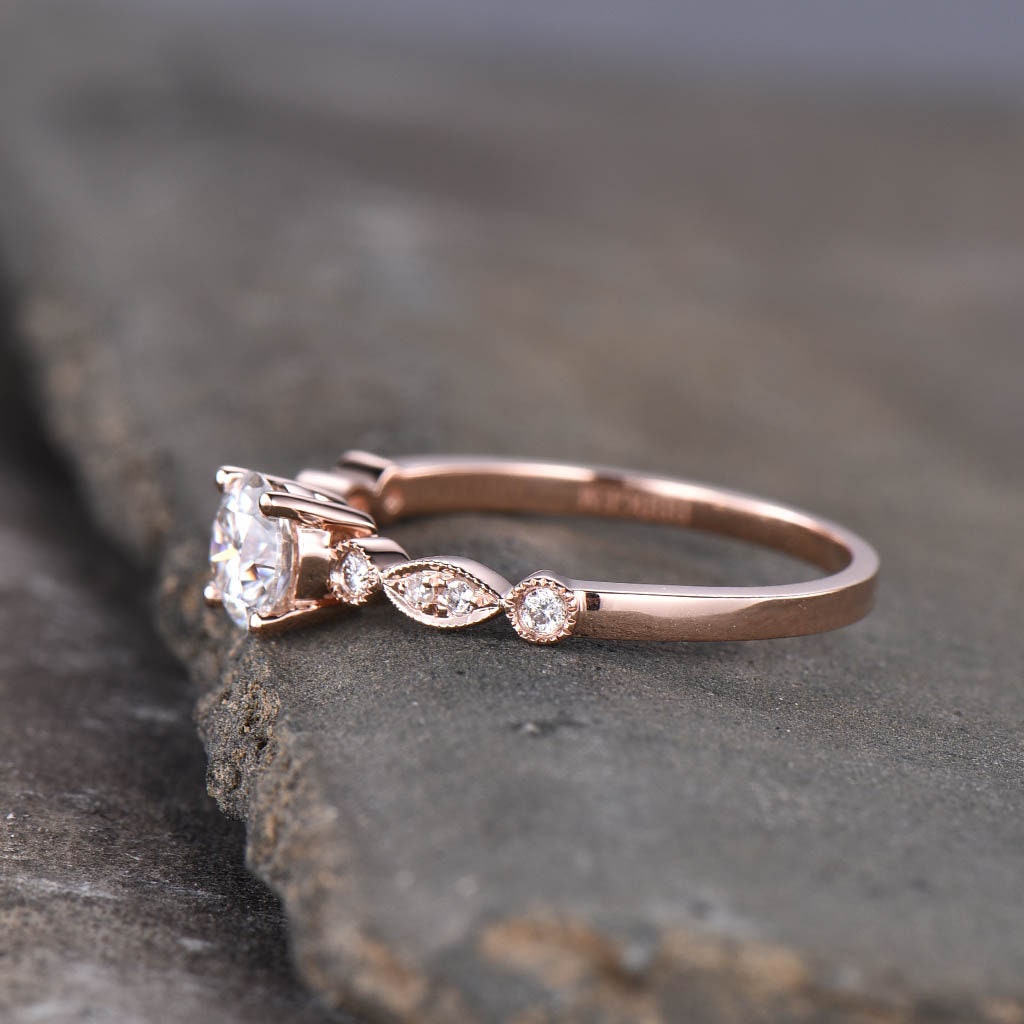 Blue sandstone engagement ring Round cut ring unique dainty wedding ring art deco bridal promise ring anniversary gift Rose gold