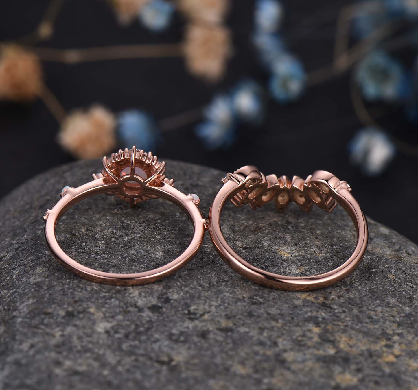 Engagement Ring Set Black Rutilated Quartz Ring Diamond/Moissanite Stacking Matching Band Art Deco Milgrain Eternity Ring Gift For Her