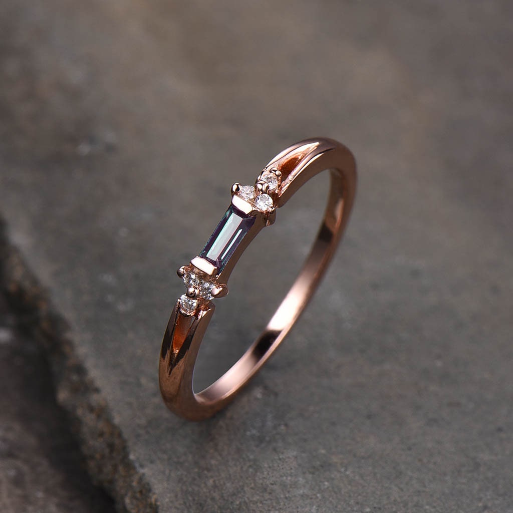 Baguette Alexandrite Ring, Alexandrite Wedding Ring, Rose Gold Wedding Band, Dainty Ring, June Birthstone Ring, Anniversary Gift