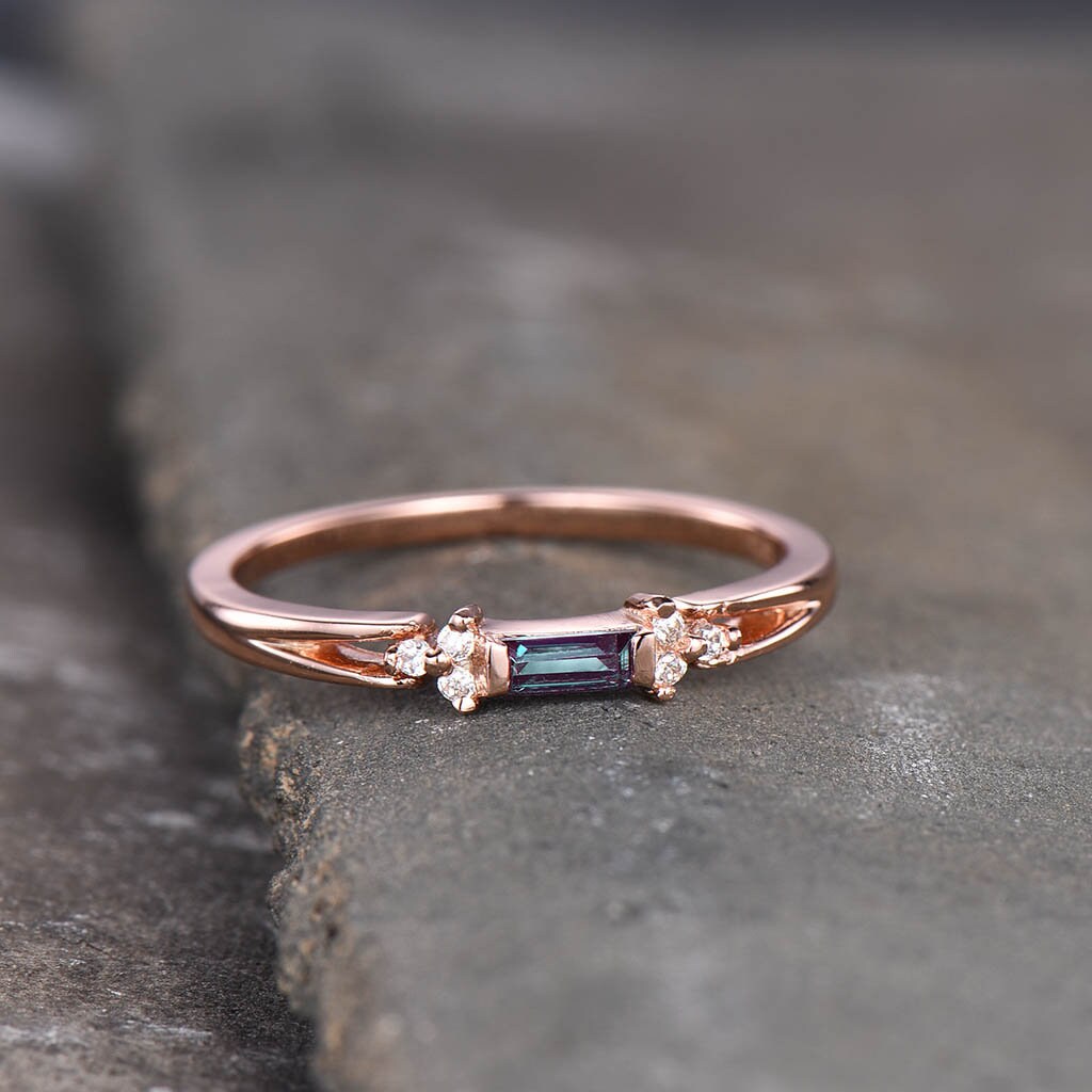 Baguette Alexandrite Ring, Alexandrite Wedding Ring, Rose Gold Wedding Band, Dainty Ring, June Birthstone Ring, Anniversary Gift
