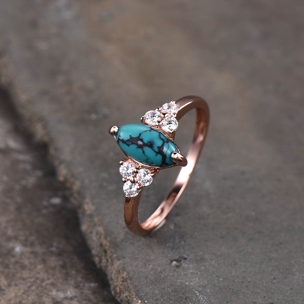 Turquoise Ring, Marquise Cut Turquoise Engagement Ring, Rose Gold Turquosie Ring, Wedding Ring, December Birthstone, Promise Ring