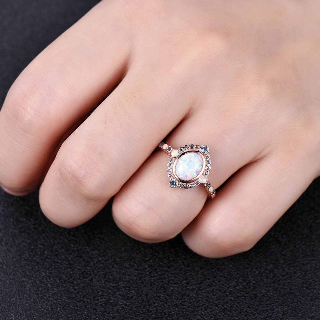 Rose Gold Opal Ring, White Opal Engagement Ring, Vintage Opal Ring, Blue Topaz Halo Ring, October Birthstone, Promise Ring, Gift for Her