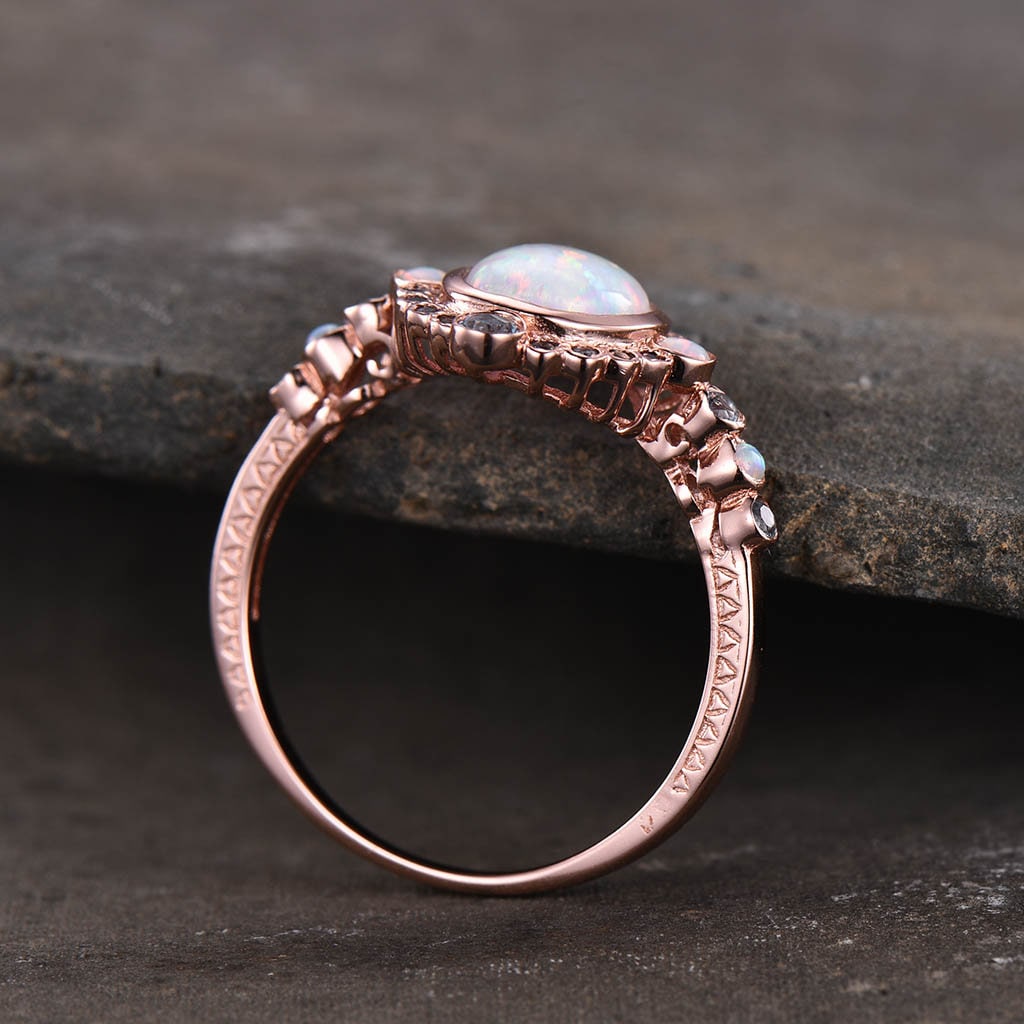Rose Gold Opal Ring, White Opal Engagement Ring, Vintage Opal Ring, Blue Topaz Halo Ring, October Birthstone, Promise Ring, Gift for Her