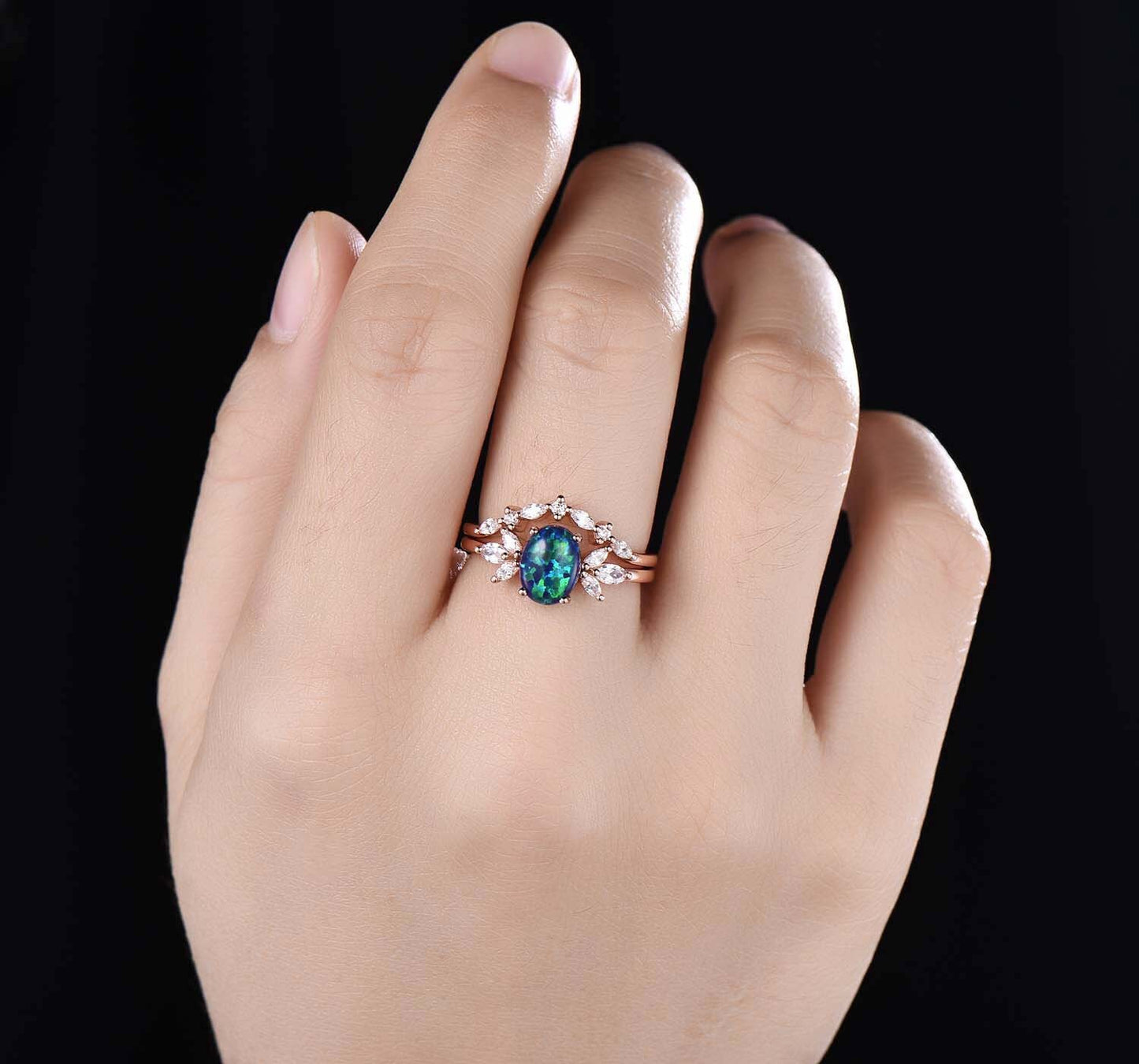Blue Opal Engagement Ring Set Women Stacking Matching Band Diamond/Moissanite Eternity Ring Unique Vintage Floral Design Promise Gift