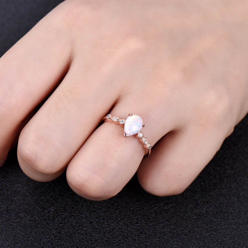 White Opal Ring, Pear Opal Engagement Ring, Art Deco Wedding Ring, October Birthstone, Gemstone Rose Gold Ring, Promise Ring