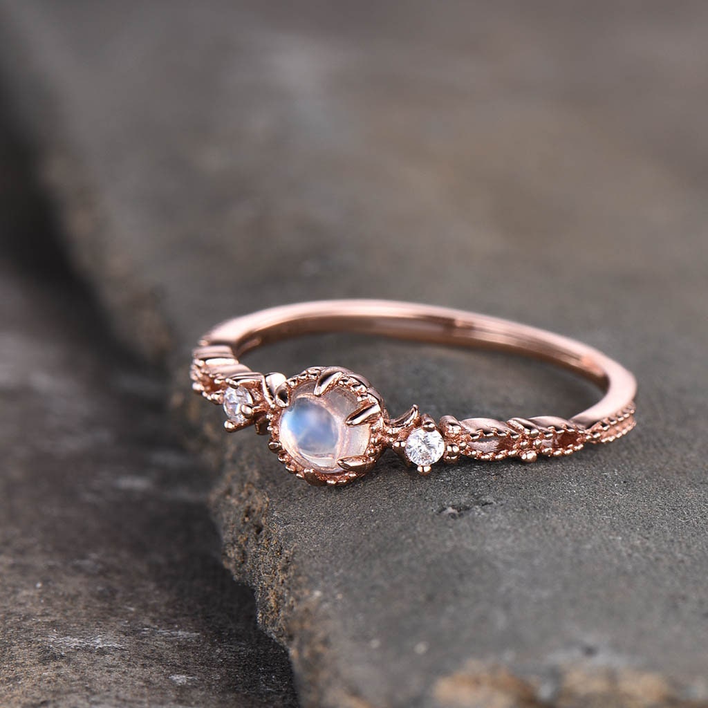 Dainty Moonstone Ring, Rainbow Moonstone Wedding Ring, Rose Gold Engagement Ring, Art Deco Ring, Minimalist Ring, Promise Ring