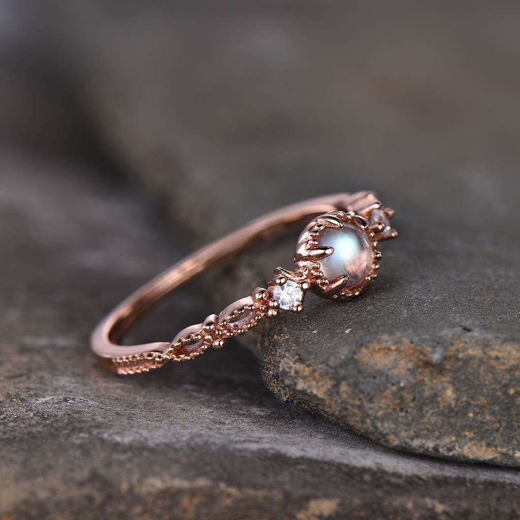 Dainty Moonstone Ring, Rainbow Moonstone Wedding Ring, Rose Gold Engagement Ring, Art Deco Ring, Minimalist Ring, Promise Ring