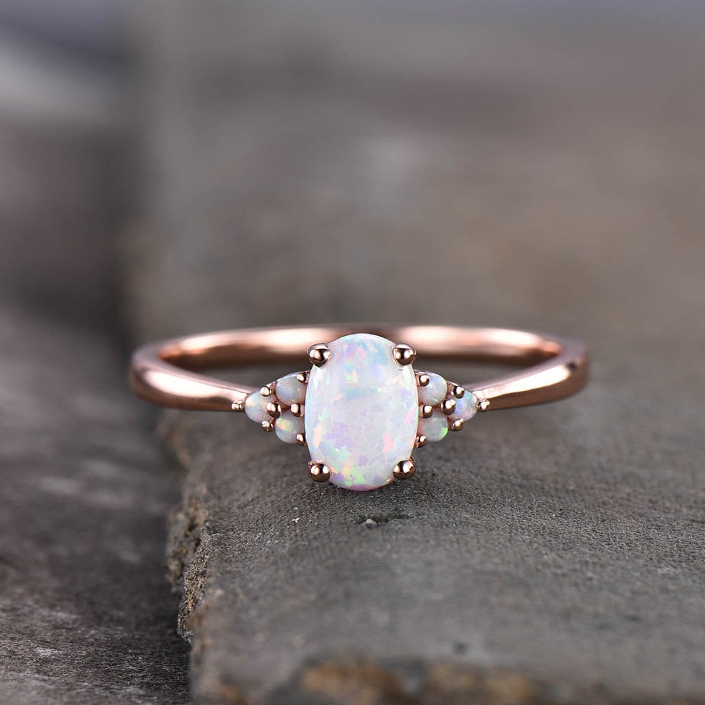 White Fire Opal Ring, Opal Engagement Ring, Dainty Cluster Ring, Rose Gold Opal Ring, Wedding Ring, Promise Ring, October Birthstone