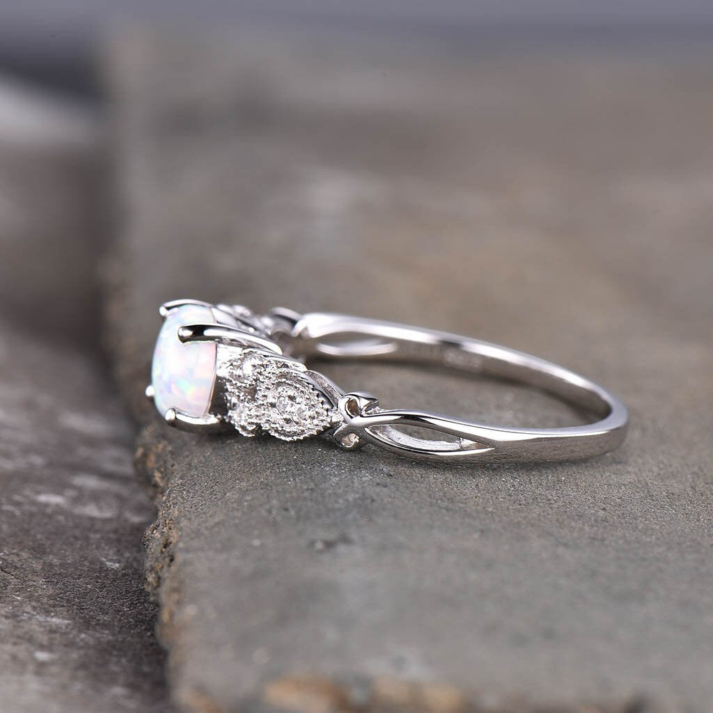 Vintage Opal Engagement Ring, White Opal Ring, Silver Ring, Unique Ring, October Birthstone Ring, Promise Ring, Anniversary Ring