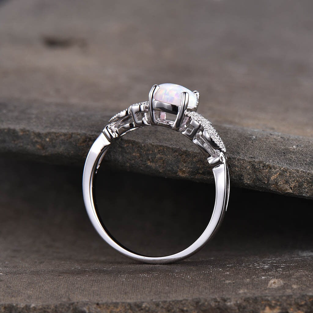 Vintage Opal Engagement Ring, White Opal Ring, Silver Ring, Unique Ring, October Birthstone Ring, Promise Ring, Anniversary Ring