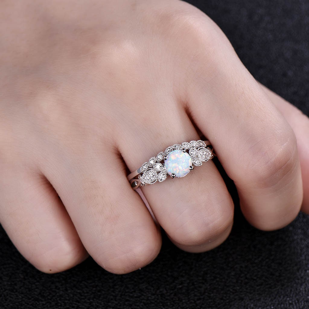 Antique Opal Wedding Ring Set/White Fire Opal Engagement Ring/October Birthstone Ring/Art deco Stacking Band/Wedding Ring/Promise Ring