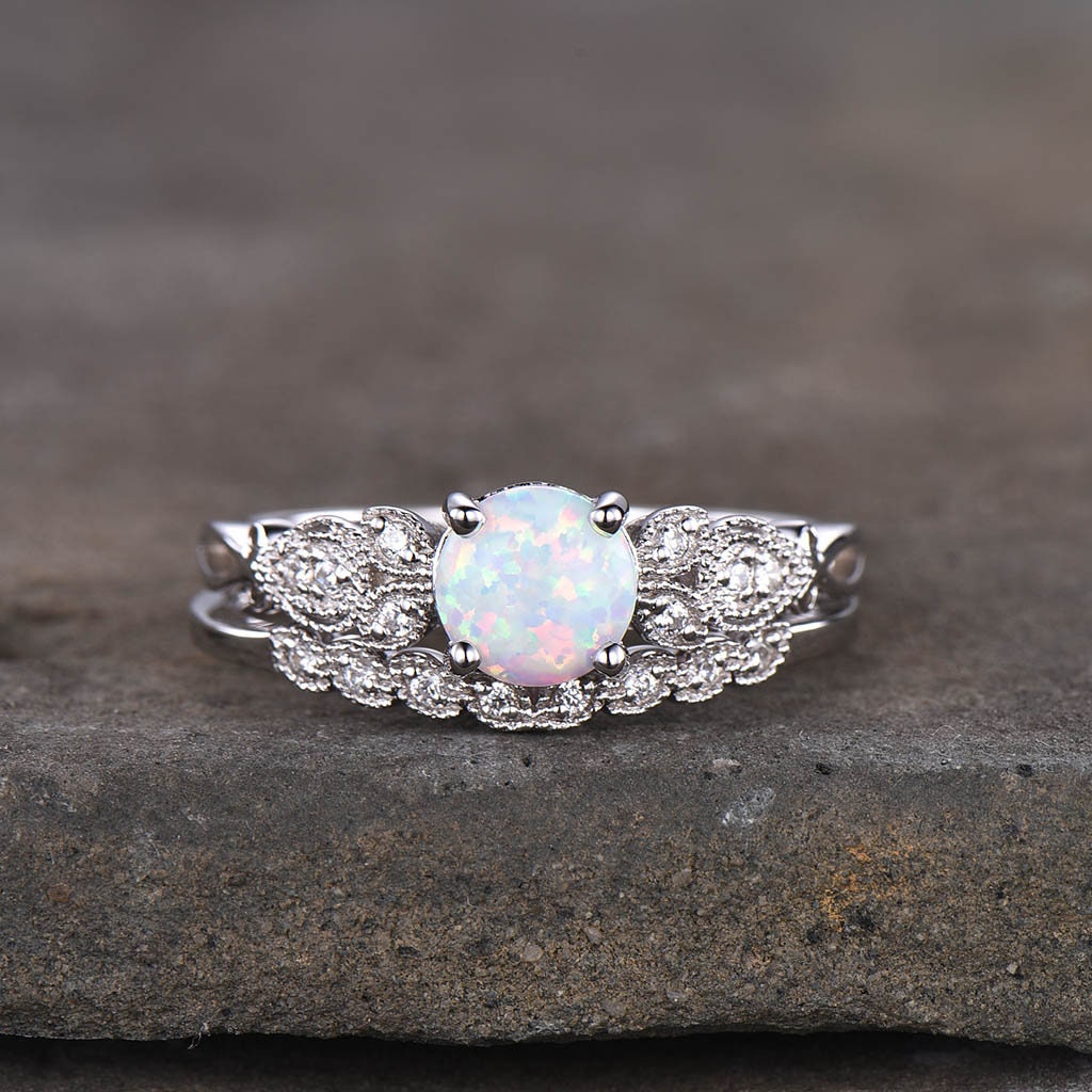 Antique Opal Wedding Ring Set/White Fire Opal Engagement Ring/October Birthstone Ring/Art deco Stacking Band/Wedding Ring/Promise Ring