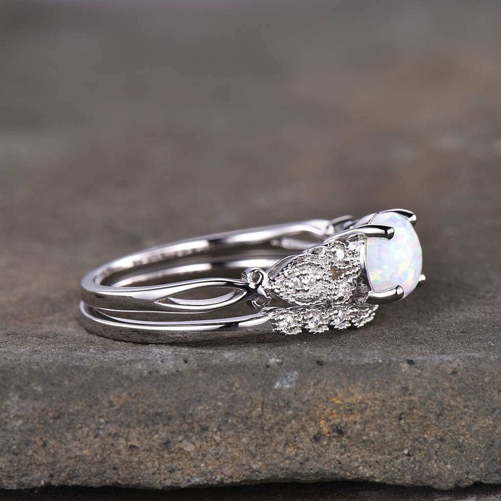 Antique Opal Wedding Ring Set/White Fire Opal Engagement Ring/October Birthstone Ring/Art deco Stacking Band/Wedding Ring/Promise Ring