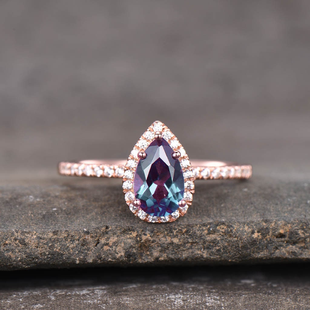 Alexandrite Ring, Dainty Ring, Pear Cut Alexandrite Engagement Ring, Halo Ring, June Birthstone Ring, Promise Ring, Gift For Her