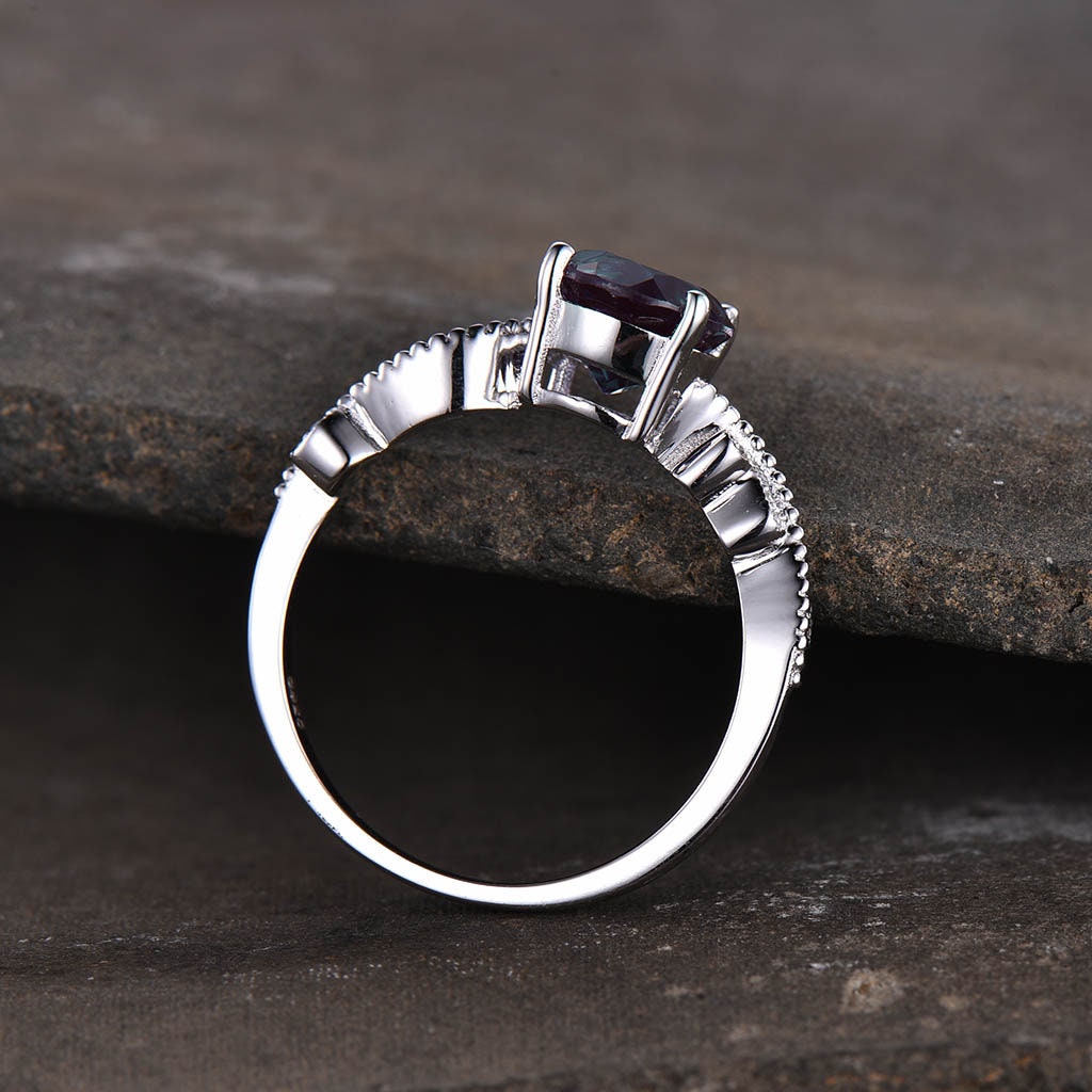 Alexandrite Ring, June Birthstone Ring, Dainty Ring, Art Deco Promise Ring, Silver Alexandrite Ring, Anniversary Ring, White Gold