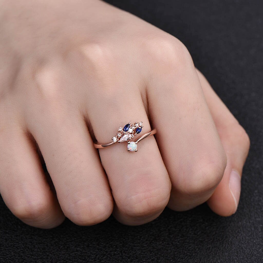 Vintage Wedding Band Rose Gold Opal Wedding Ring Cluster Stone Ring October Birthstone Ring Anniversary Gift for Her