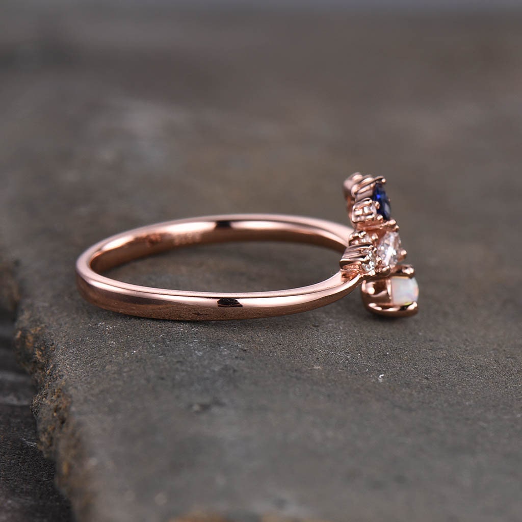 Vintage Wedding Band Rose Gold Opal Wedding Ring Cluster Stone Ring October Birthstone Ring Anniversary Gift for Her
