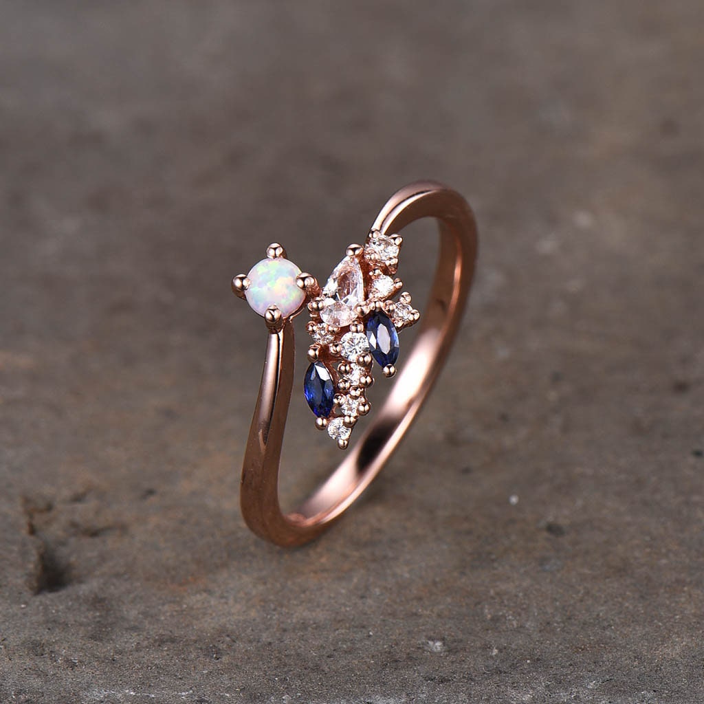 Vintage Wedding Band Rose Gold Opal Wedding Ring Cluster Stone Ring October Birthstone Ring Anniversary Gift for Her