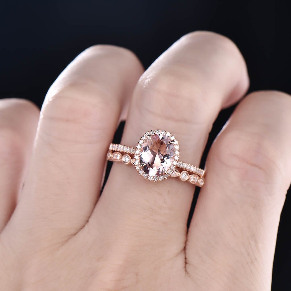 Rose Gold Morganite Bridal Set Oval Peach Morganite Engagement Ring Art Deco Wedding Band Morganite Wedding Ring Set Promise Ring