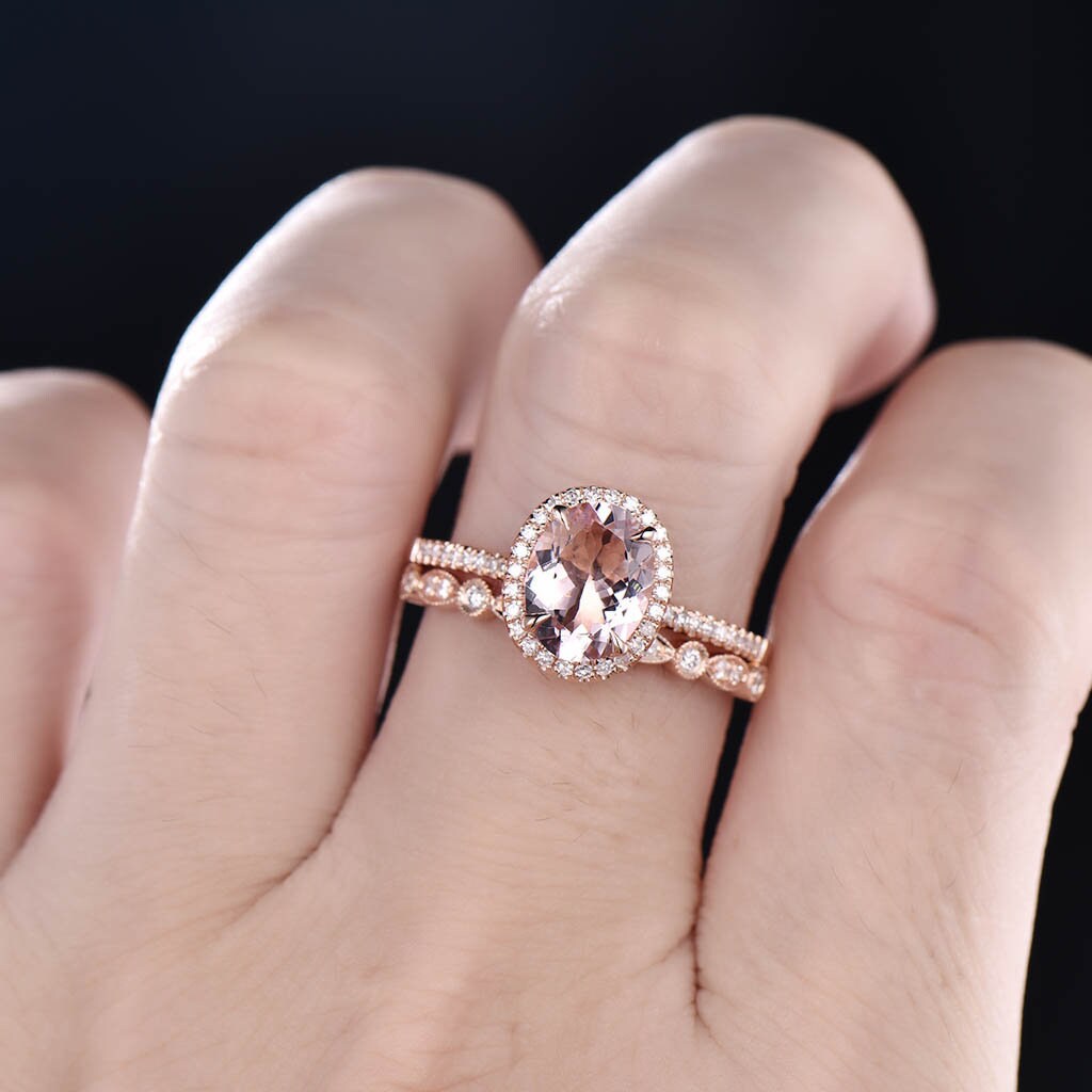 Rose Gold Morganite Bridal Set Oval Peach Morganite Engagement Ring Art Deco Wedding Band Morganite Wedding Ring Set Promise Ring