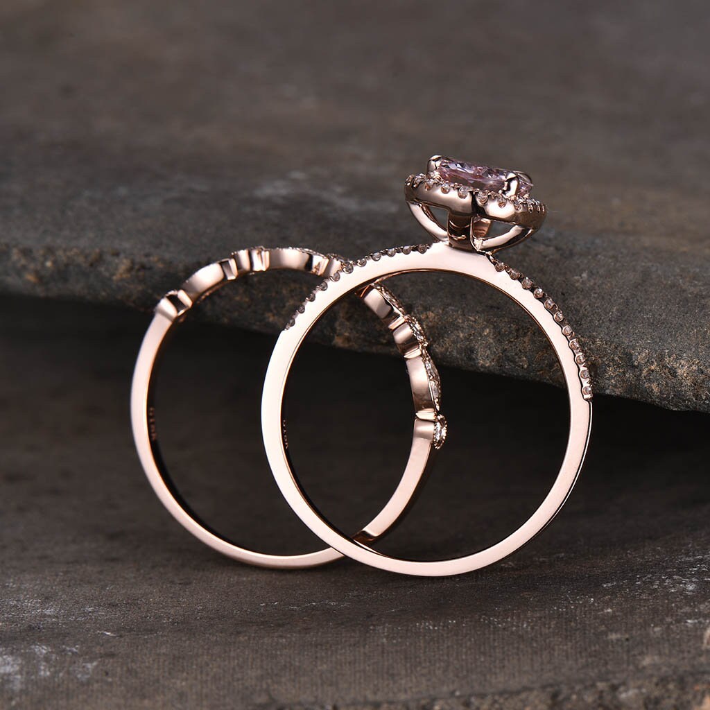 Rose Gold Morganite Bridal Set Oval Peach Morganite Engagement Ring Art Deco Wedding Band Morganite Wedding Ring Set Promise Ring