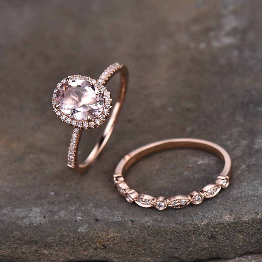Rose Gold Morganite Bridal Set Oval Peach Morganite Engagement Ring Art Deco Wedding Band Morganite Wedding Ring Set Promise Ring