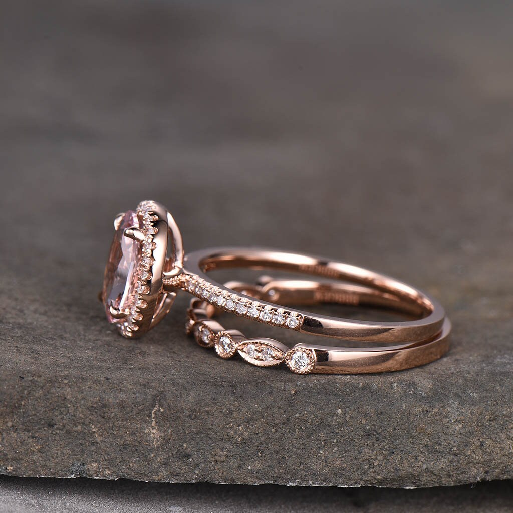 Rose Gold Morganite Bridal Set Oval Peach Morganite Engagement Ring Art Deco Wedding Band Morganite Wedding Ring Set Promise Ring