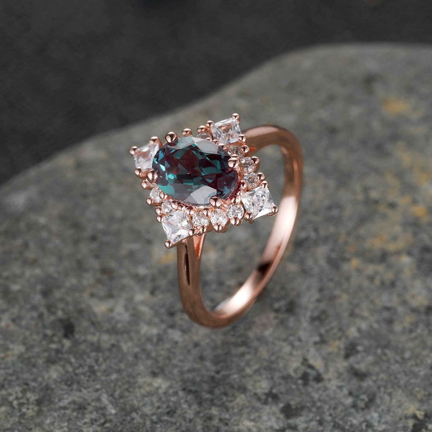 Vintage engagement ring 14k gold alexandrite moissanite wedding ring women bridal jewelry floral halo plain gold band anniversary ring gift