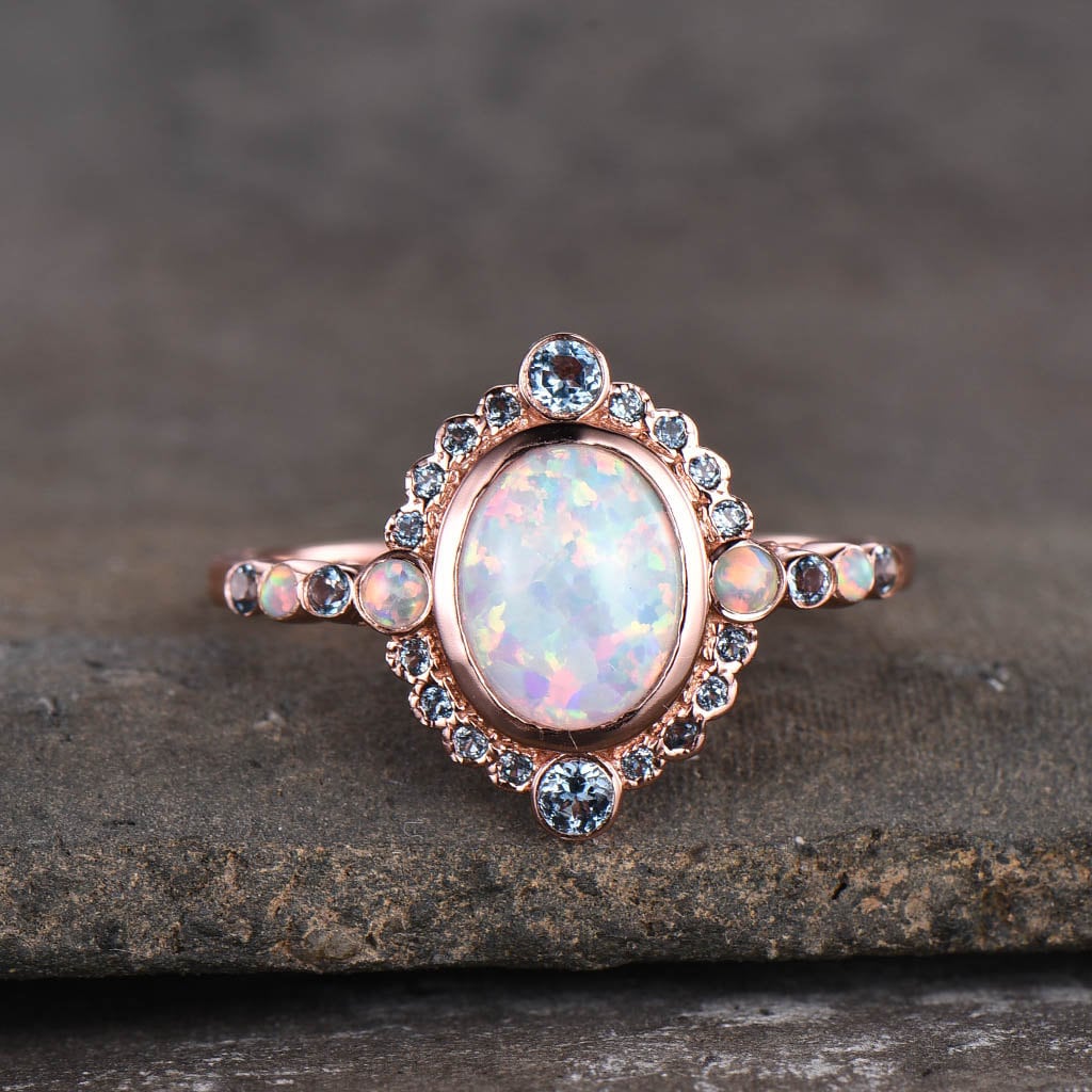 Rose Gold Opal Ring, White Opal Engagement Ring, Vintage Opal Ring, Blue Topaz Halo Ring, October Birthstone, Promise Ring, Gift for Her