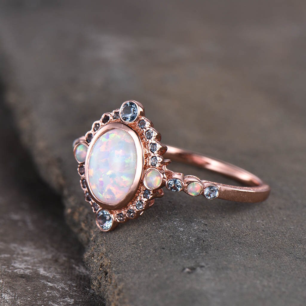 Rose Gold Opal Ring, White Opal Engagement Ring, Vintage Opal Ring, Blue Topaz Halo Ring, October Birthstone, Promise Ring, Gift for Her