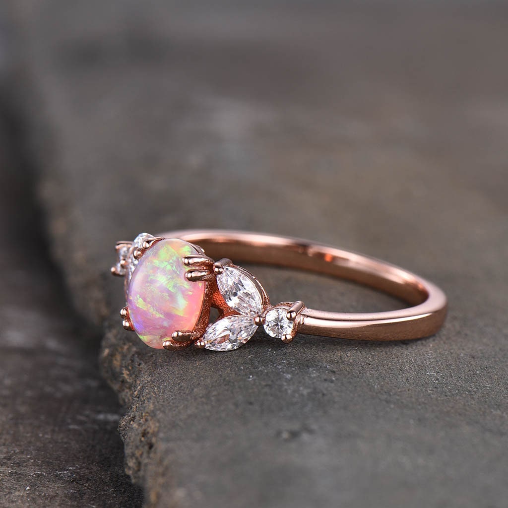 Pink Opal Ring, Dainty Opal Ring, Opal Engagement Ring, Rose Gold Engagement Ring, Wedding Ring, Minimalist Gemstone Ring, Promise Ring