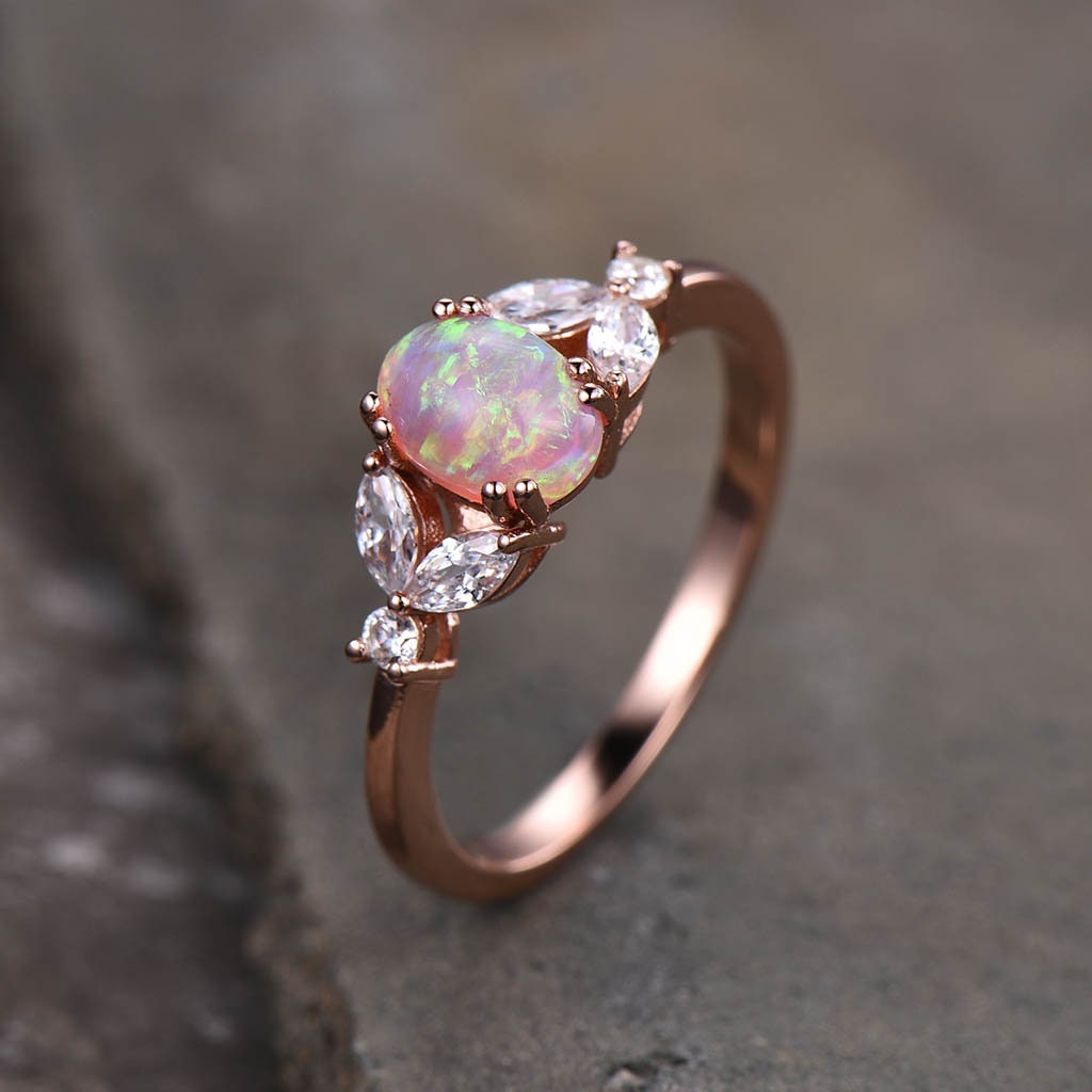 Pink Opal Ring, Dainty Opal Ring, Opal Engagement Ring, Rose Gold Engagement Ring, Wedding Ring, Minimalist Gemstone Ring, Promise Ring