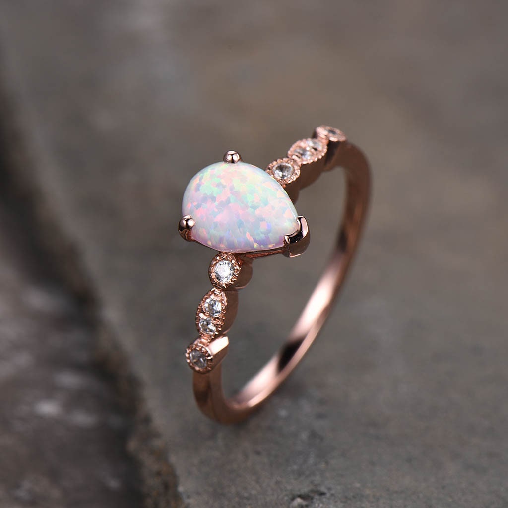 White Opal Ring, Pear Opal Engagement Ring, Art Deco Wedding Ring, October Birthstone, Gemstone Rose Gold Ring, Promise Ring
