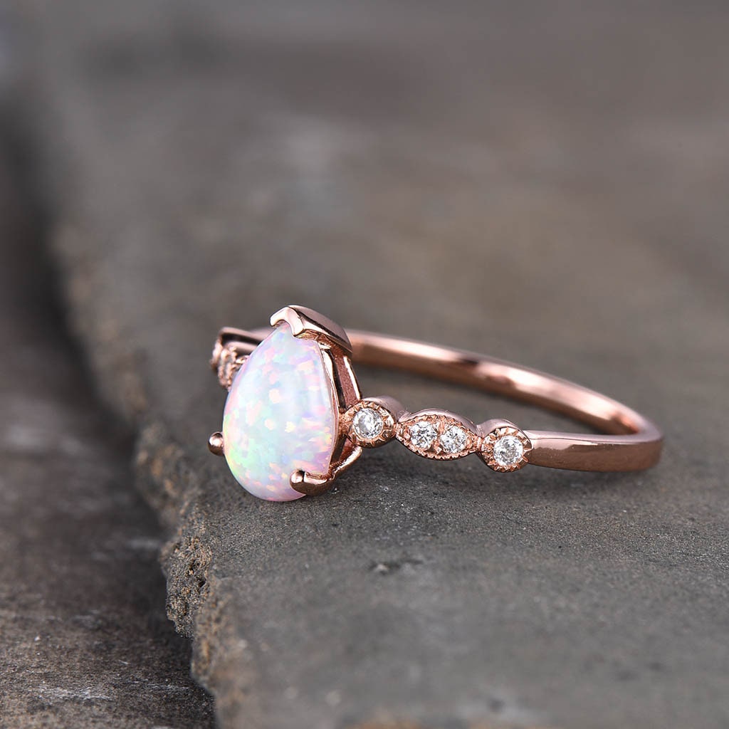 White Opal Ring, Pear Opal Engagement Ring, Art Deco Wedding Ring, October Birthstone, Gemstone Rose Gold Ring, Promise Ring