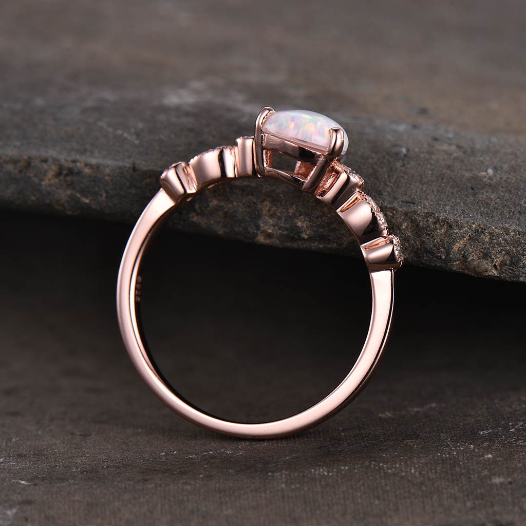 White Opal Ring, Pear Opal Engagement Ring, Art Deco Wedding Ring, October Birthstone, Gemstone Rose Gold Ring, Promise Ring