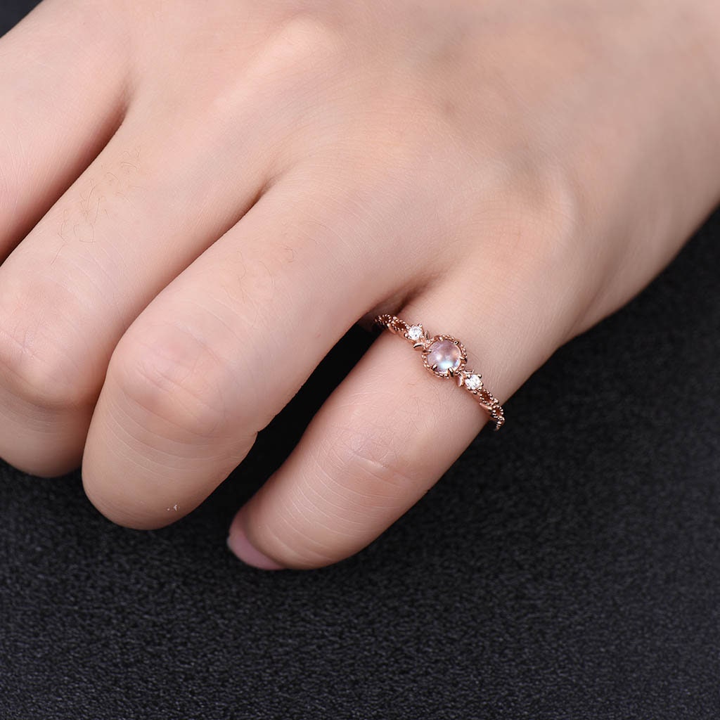 Dainty Moonstone Ring, Rainbow Moonstone Wedding Ring, Rose Gold Engagement Ring, Art Deco Ring, Minimalist Ring, Promise Ring